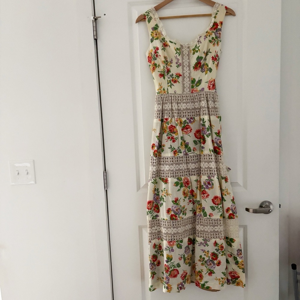 VTG Lanz Originals Prairie Maxi Dress Floral Lace Cottagecore 70s